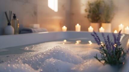 A calming bubble bath with lavender essential oils and candles, illustrating self-care and relaxation techniques. - obrazy, fototapety, plakaty