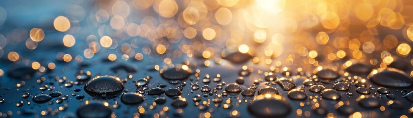 Water droplets on metal, reflecting sunlight, close-up, blend nature and tech, glossy and sleek. - obrazy, fototapety, plakaty
