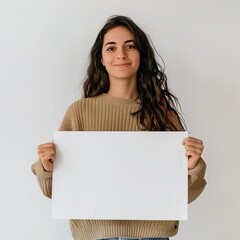 Front view close up view young beautiful Single women standing holding a whiteboard on a studio white background.