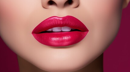 Fototapeta premium Close-Up of Womans Face With Bright Red Lipstick