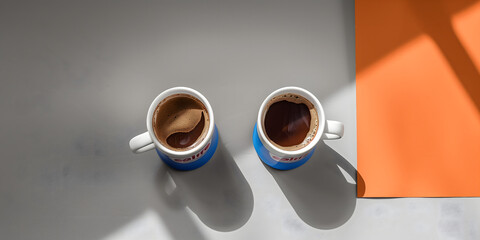Jeu d'Ombres et de Lumière avec Deux Tasses de Café sur Fond Bicolore