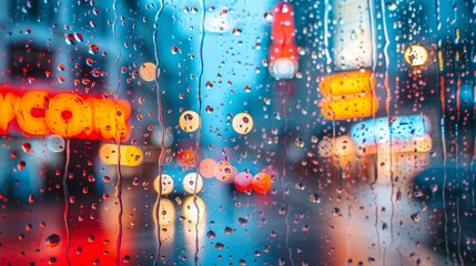 Raindrops on window, city lights blur, neon signs reflect in urban night-time rainfall ambiance.
