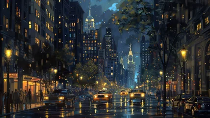 Foto op Canvas Cityscape at night with tall buildings, street lights, and cars and taxi moving through the streets. Vibrant atmosphere big city. Generated AI © Elena