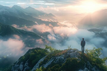 Adventurer at Sunrise on Mountain Peak