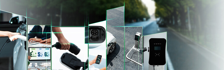 EV electric car vehicle charging and sustainable LCA green energy technology presented in panoramic...