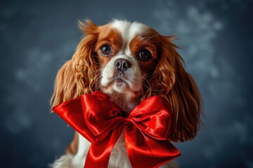 A portrait of a Cavalier King Charles Spaniel adorned with a festive bow, spreading holiday cheer with its adorable charm