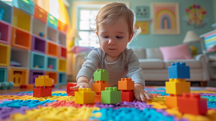 Fototapeta premium A toddler happily tidying up toys in a colorful playroom, the child picking up blocks and placing them in a toy chest,generative ai