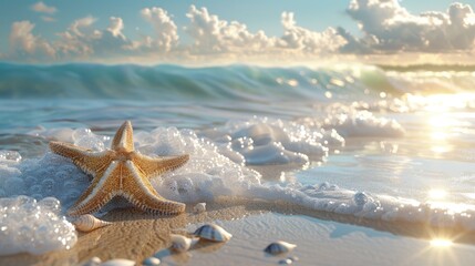 Fototapeta na wymiar Starfish and Shells on the Sandy Beach