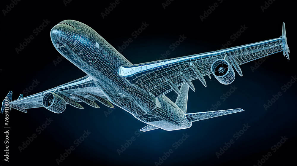 Poster a computer generated image of an airplane with a blue and silver color scheme. the airplane is flyin