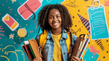 Happy girl holding school supplies with patterned background