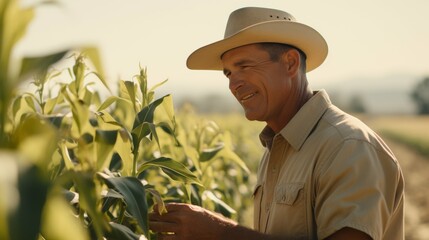Man in Hat Standing in Corn Field