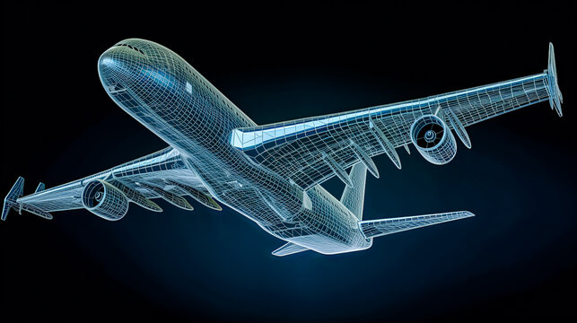 A computer generated image of an airplane with a blue and silver color scheme. The airplane is flying through the sky and he is in motion. Concept of technology and innovation