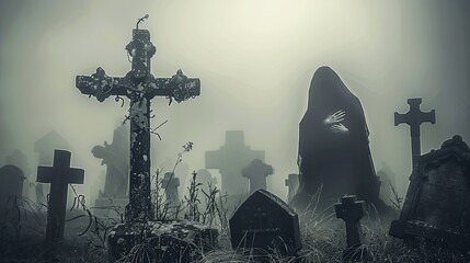 A cemetery with tombstones in the form of crosses is immersed in fog. The figure of a woman surrounded by graves. Bereavement. Illustration for cover, card, poster, brochure or presentation. - obrazy, fototapety, plakaty