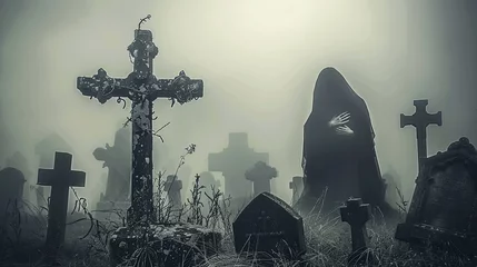Fotobehang A cemetery with tombstones in the form of crosses is immersed in fog. The figure of a woman surrounded by graves. Bereavement. Illustration for cover, card, poster, brochure or presentation. © Login