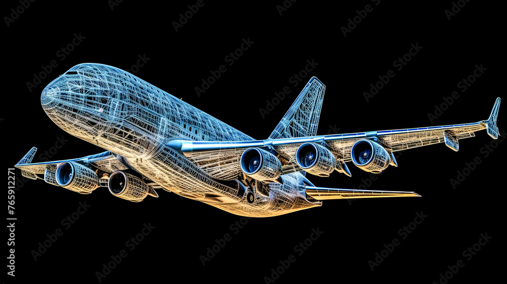 Poster a computer generated image of an airplane with a blue and silver color scheme. the airplane is flyin