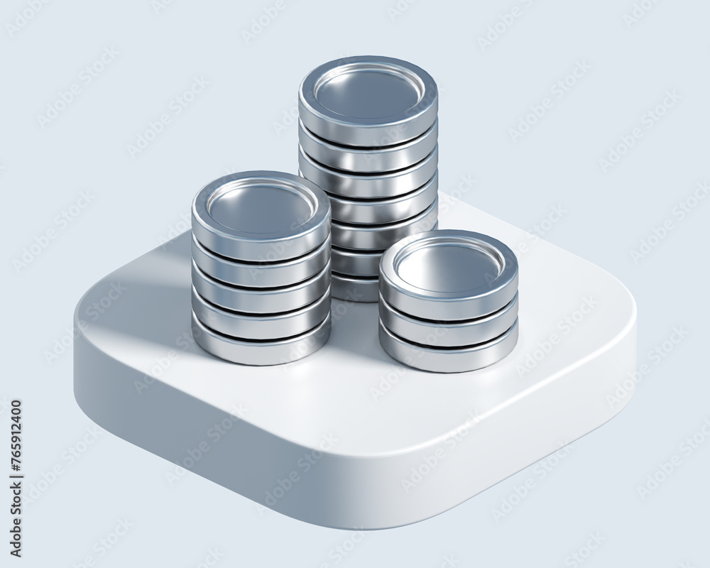 Poster 3d icon of silver coins. 3d illustration for finance and banking on white background. 3d rendering o