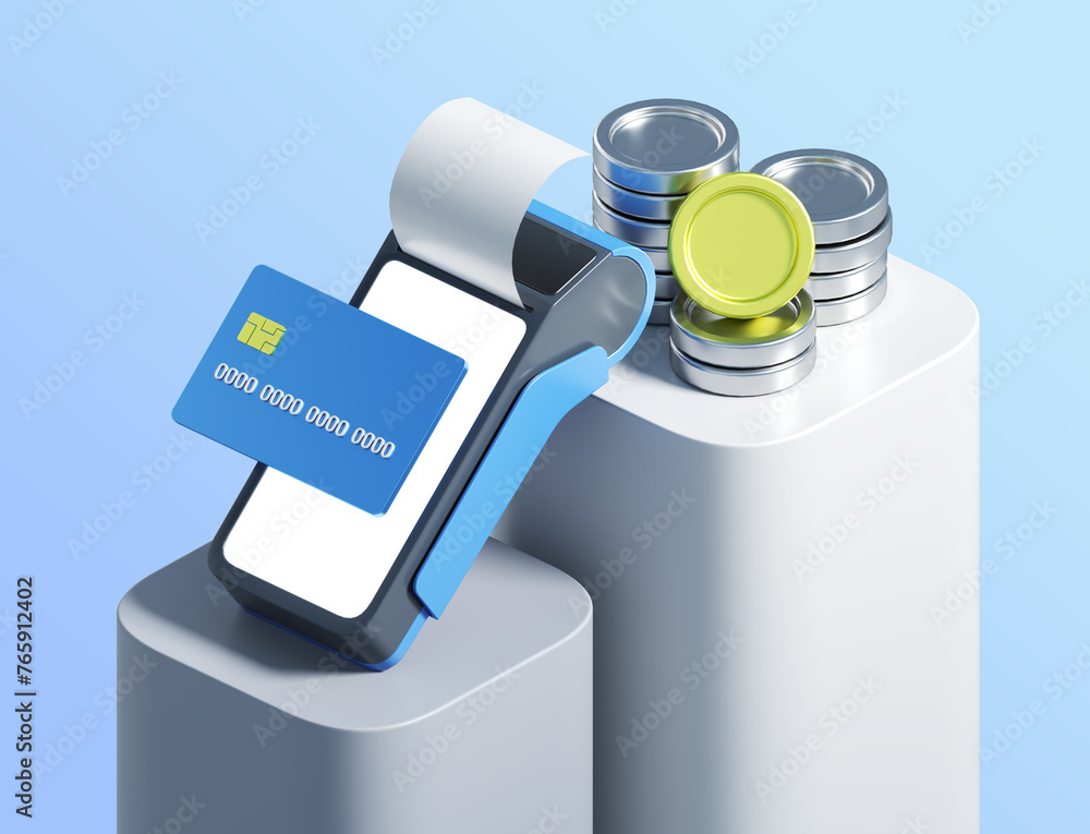 Poster 3d icon of payment terminal and with silver coins. 3d illustration for finance and banking on white 
