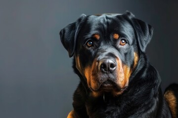 Obraz premium A stoic Rottweiler posing for the camera, with a blank area on the bottom left corner, perfect for adding text.