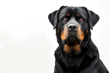 Fototapeta premium A stoic Rottweiler posing for the camera, with a blank area on the bottom left corner, perfect for adding text.