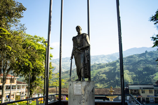 PACORA, COLOMBIA - JANUARY 15, 2024: Simon Bolivar statue at the central square of the beautiful small town of Pacora in the department of Caldas in Colombia