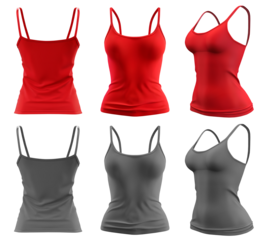 2 Set of woman red maroon grey gray, front, back and side view Spaghetti thin strappy Strap Camisole tank cami Top on transparent cutout, PNG file. Mockup template for artwork graphic design