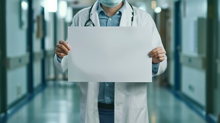 Doctor holding white paper on hospital background - Powered by Adobe