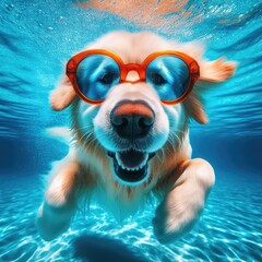 View of funny and cute dog swimming underwater
