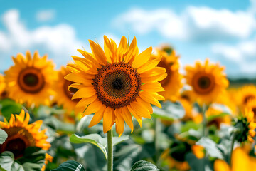 Summer Sunflower Field Under Blue Sky