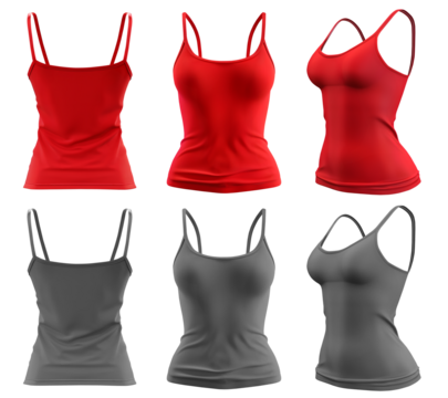 2 Set of woman red maroon grey gray, front, back and side view Spaghetti thin strappy Strap Camisole tank cami Top on transparent cutout, PNG file. Mockup template for artwork graphic design