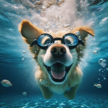 View of funny and cute dog swimming underwater
