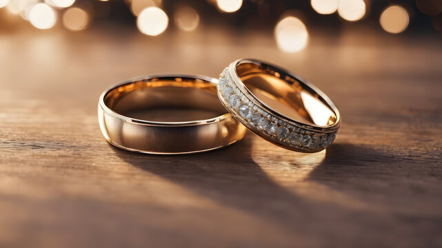 A pair of gold wedding rings. engagement rings. AI generated image, ai
