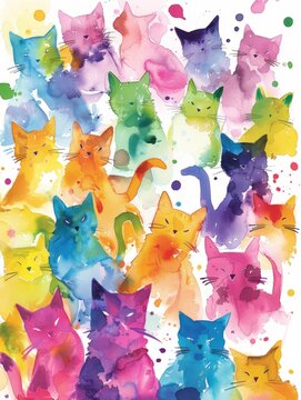 Vibrant painting featuring a variety of multicolored cats in different poses and expressions