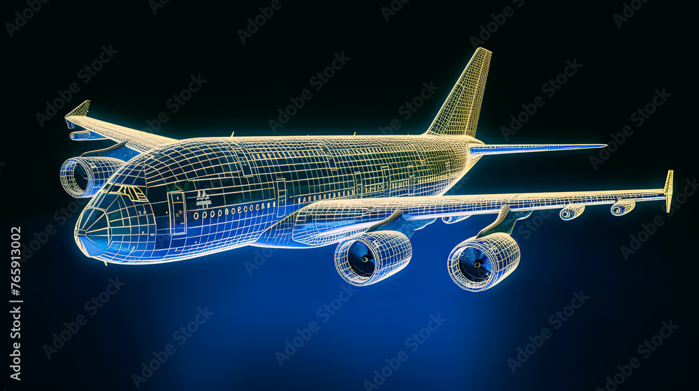 Poster a computer generated image of an airplane with a blue and silver color scheme. the airplane is flyin
