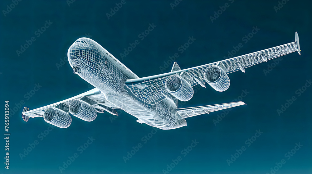 Poster a computer generated image of an airplane with a blue and silver color scheme. the airplane is flyin