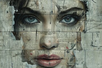 Artistic Portrait of Woman Made with Newspaper Collage