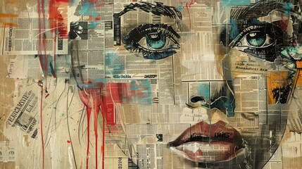 Modern Abstract Female Face Artwork with Newspaper Fragments