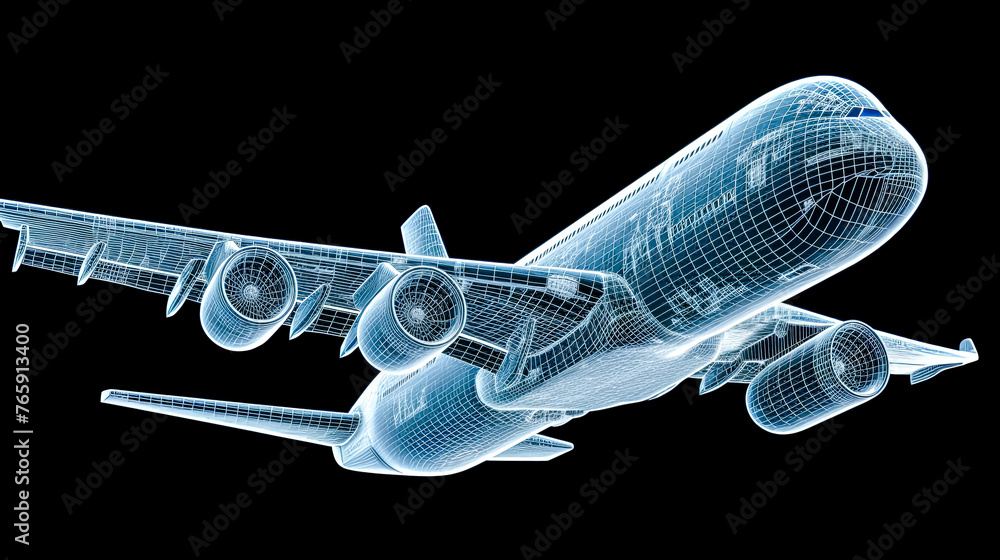 Poster a computer generated image of an airplane with a blue and silver color scheme. the airplane is flyin