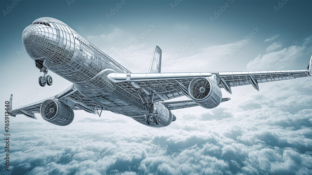 Poster a computer generated image of an airplane with a blue and silver color scheme. the airplane is flyin