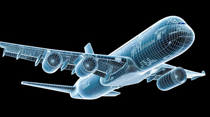 A computer generated image of an airplane with a blue and silver color scheme. The airplane is...