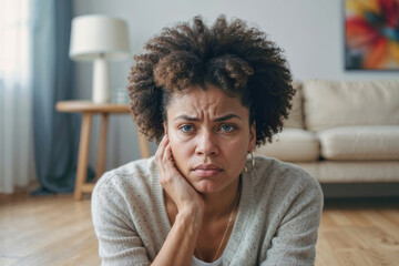 Afro woman suffering from headache migraine pain at home. Health problem, stress and depression - obrazy, fototapety, plakaty