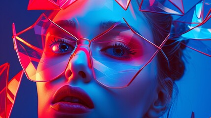 Portrait of a girl wearing glasses in neon style. Fashionable image for disco or other event. Illustration for cover, card, postcard, interior design, banner, poster, brochure or presentation.