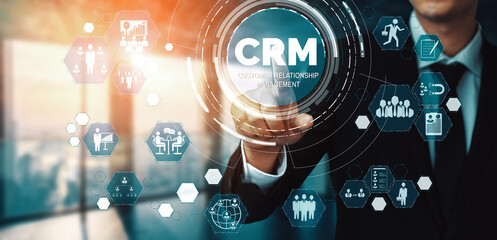 CRM Customer Relationship Management for business sales marketing system concept presented in futuristic graphic interface of service application to support CRM database analysis. uds - obrazy, fototapety, plakaty