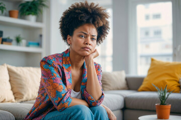 Sad Afro woman sits on a couch. Woman depression or domestic violence. People, grief and domestic violence concept - obrazy, fototapety, plakaty