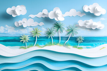 Fototapeta na wymiar Idyllic view of a tropical beach: palm trees, coastal waves, turquoise sea, blue sky, with elements of paper cut, concept of tourism,travel,beach holidays,spa industry,relaxation