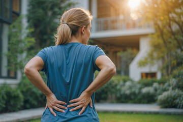 Woman suffer from low back pain standing in a yard. Hand of woman holding her waist backache in pain. Health care concept