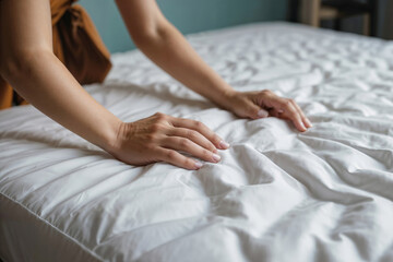 Women's hands on a white mattress on the bed. - obrazy, fototapety, plakaty