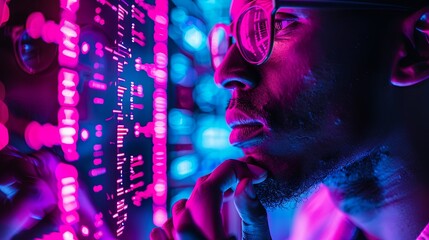 Scientist in glasses ponders a matrix of luminous data and solves some problem. Illustration for banner, poster, cover, brochure or presentation.