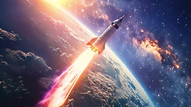 A view from space, of a rocket flying out of the atmosphere of planet Earth. Generative AI