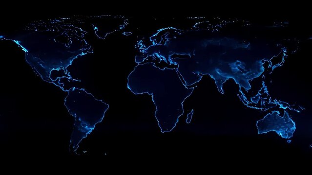 World map on black background, of lines and dots, blue shade, minimalist style. Generative AI
