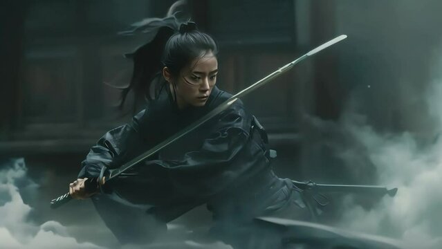 Ninja girl with a sword in battle. Freeze Frame. Generative AI